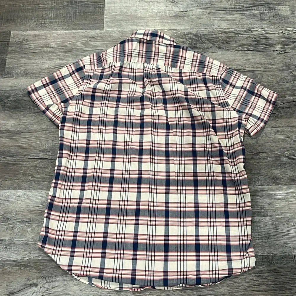 J.CREW men’s plaid blue pink button up short sleep shirt gray lined collar - M